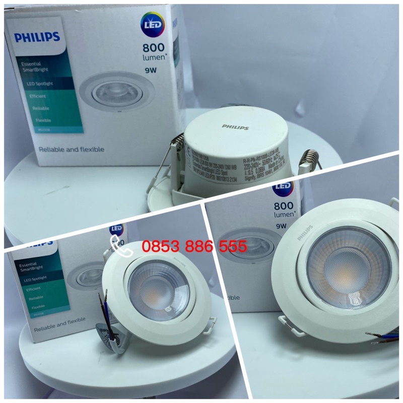 Đèn led âm trần chiếu điểm Philips Công suất 9W lỗ khoét trần 90mm *