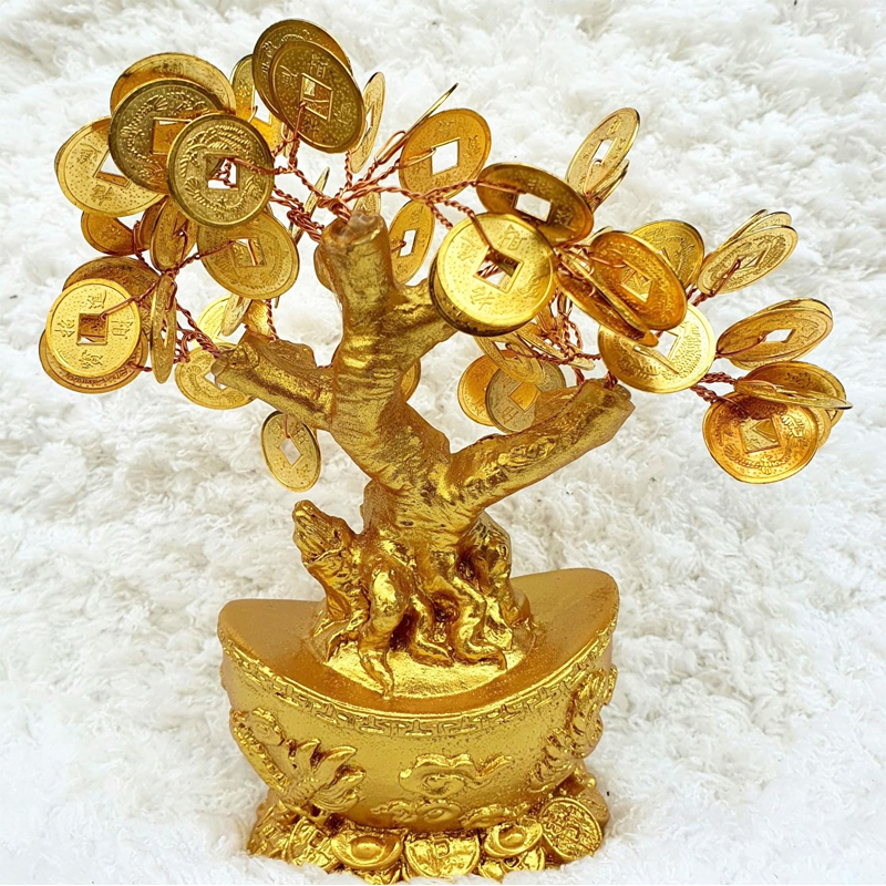 Cây tài lộc may mắn, thỏi vàng tài lộc 16cm 2 mẫu y hình, cây kim tiền nằm trên thỏi vàng mang tài lộc vân may, cây tiền tài lộc thỏi vàng