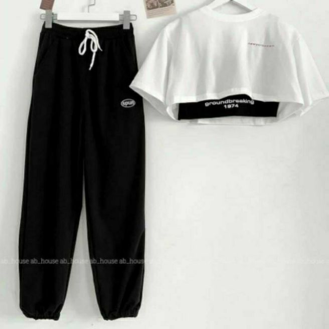 [HCM]Sét bộ quần dài jogger và áo croptop