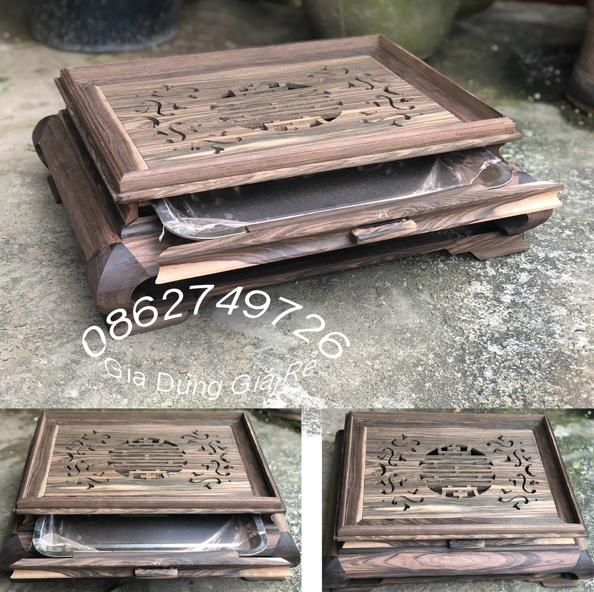 Khay trà trang trí phòng khách ấm chén gỗ mun có khay cỡ 47x37 cao 15cm