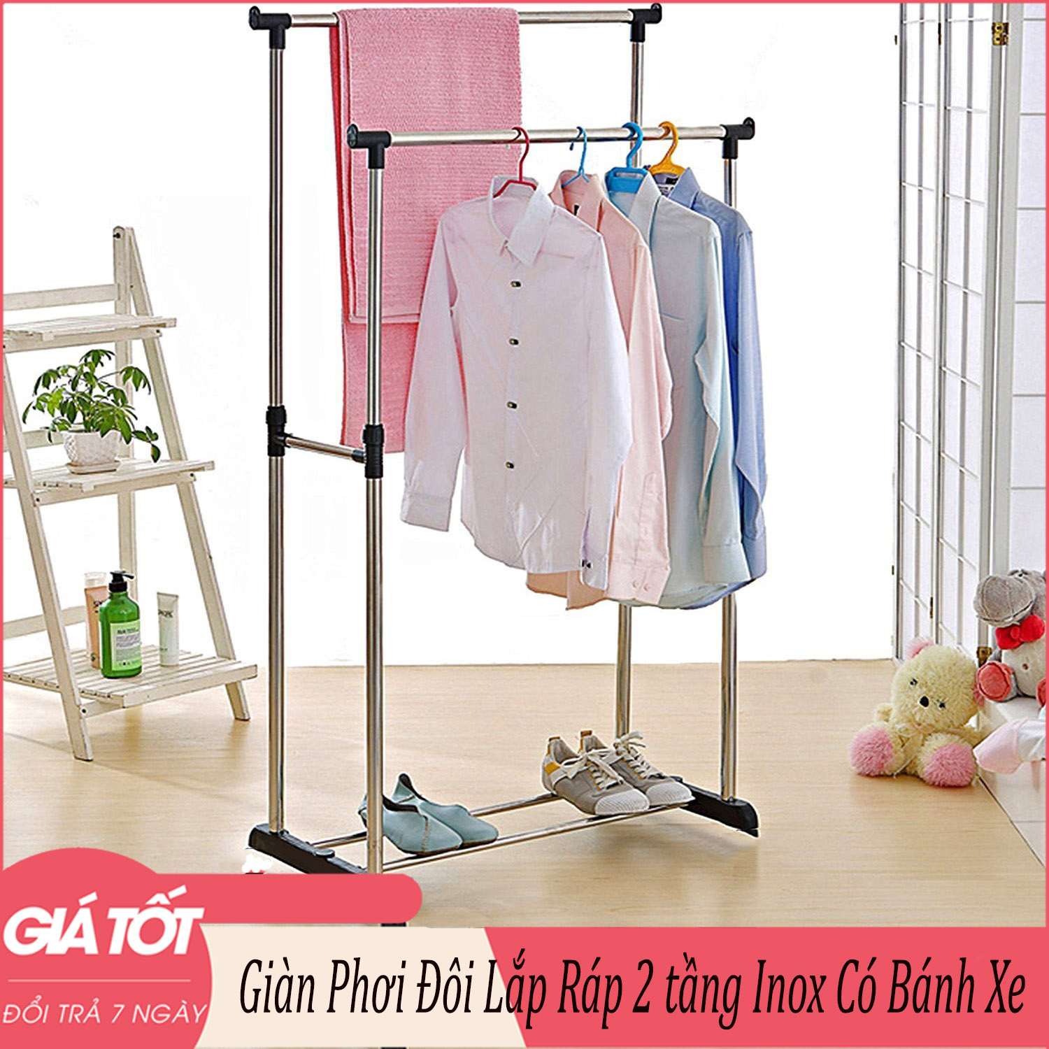 Giá treo quần áo - Giá treo quần áo Inox, Sào phơi inox chắc chắn treo quần áo, cây phơi đồ inox, Sào Phơi Đồ, Giá Treo Quần Áo Bằng Inox. Giàn Phơi Đồ Quần Áo Sào phơi inox chắc chắn 2 tầng có bánh xe di chuyển