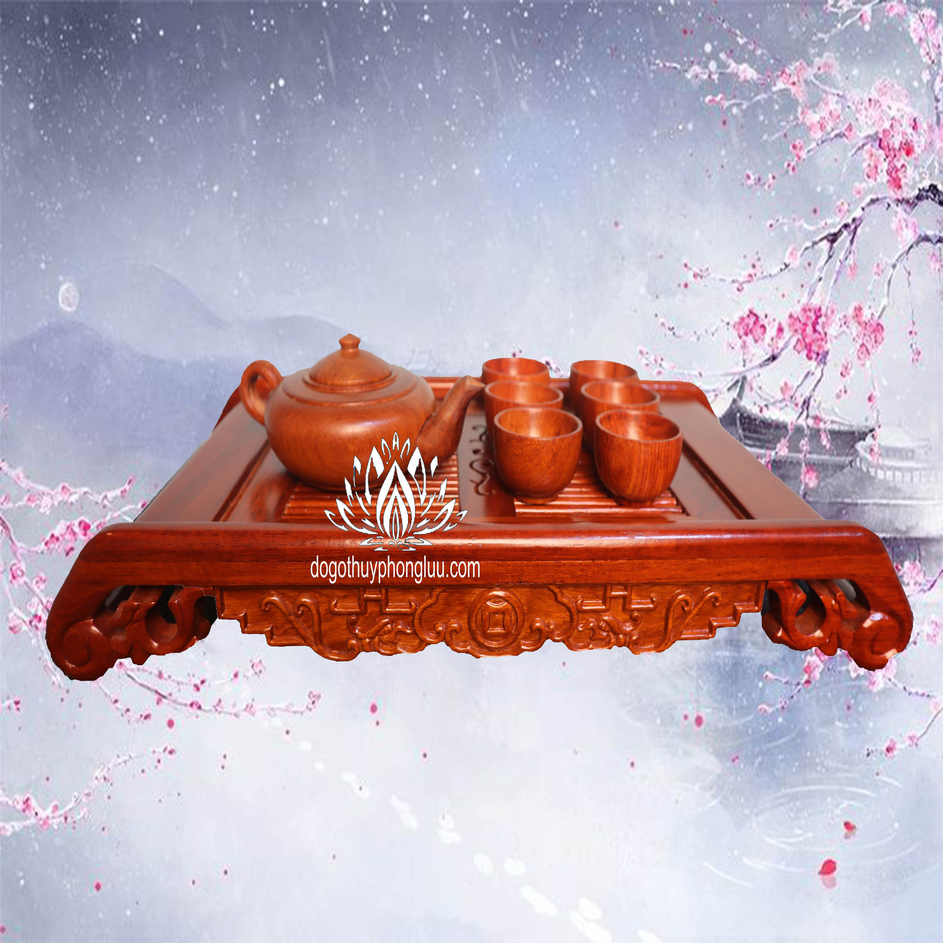 Combo khay trà lan ấm chén trà nguyên khối gỗ hương