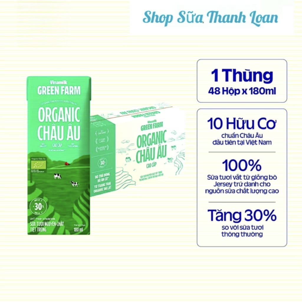   HSD T7-2026   Mẫu Mới  Thùng 24  48 Hộp Sữa Tươi Vinamilk Green Farm Organic Không Đường 180ml. 
