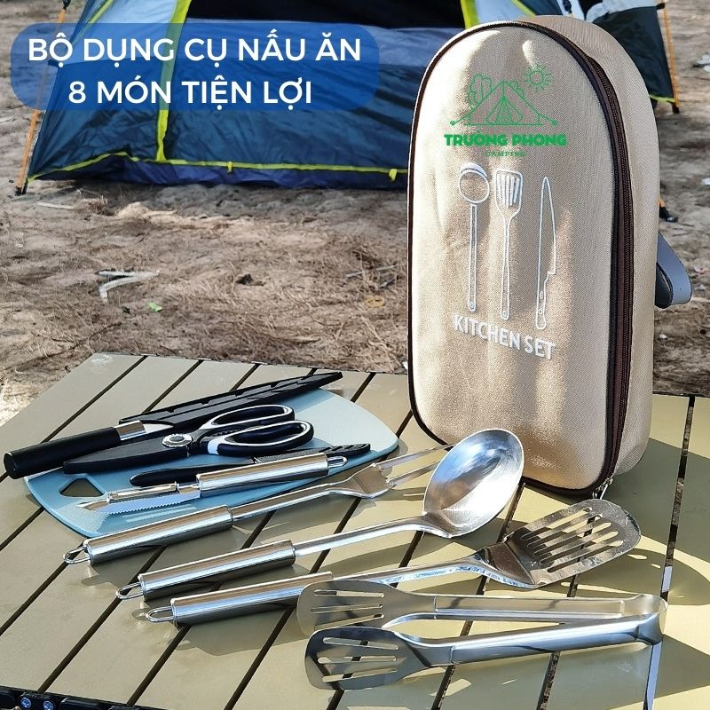 Bộ dụng cụ nấu ăn dã ngoại cắm trại có túi đựng - bộ 8 món thìa muôi thớt dùng khi đi du lịch camping inox chống gỉ - dcp5
