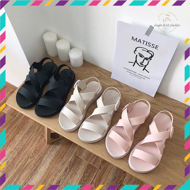 [HCM]Giày Sandal Nữ Nhựa Dẻo Đi Mưa Hapu GL008 (Đen Hồng Kem)