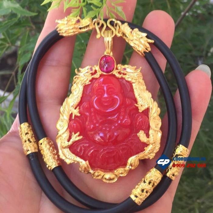Dây chuyền/ Vòng cổ nam cao su nạm rồng vàng kèm mặt phật màu đỏ bọc vàng siêu HOT