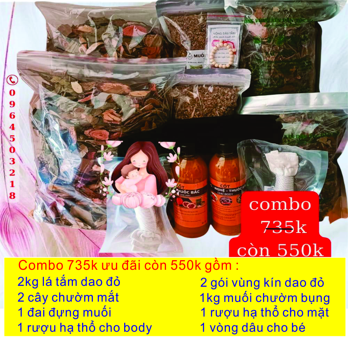 Combo ở cữ sau sinh cơ bản đầy đủ cho mẹ và bé. Xông tắm sau sinh giúp nhanh chóng phục hồi và tránh hậu sản