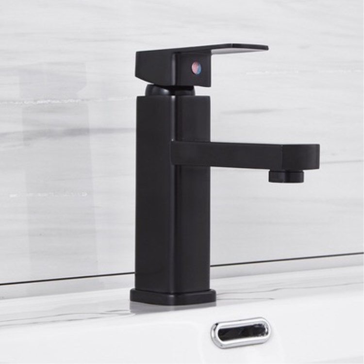 Vòi chậu rửa mặt lavabo vuông nóng lạnh SNL03 màu đen một lỗ kèm đôi dây cấp inox