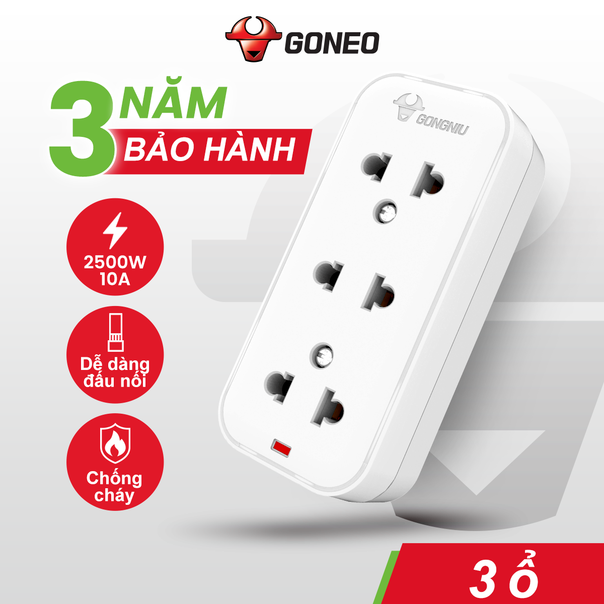 Ổ Cắm Điện Chống Cháy Mini GONGNIU - 3 Ổ Không Kèm Dây – Công Suất 10A/250/2500W – 103 – Chính Hãng
