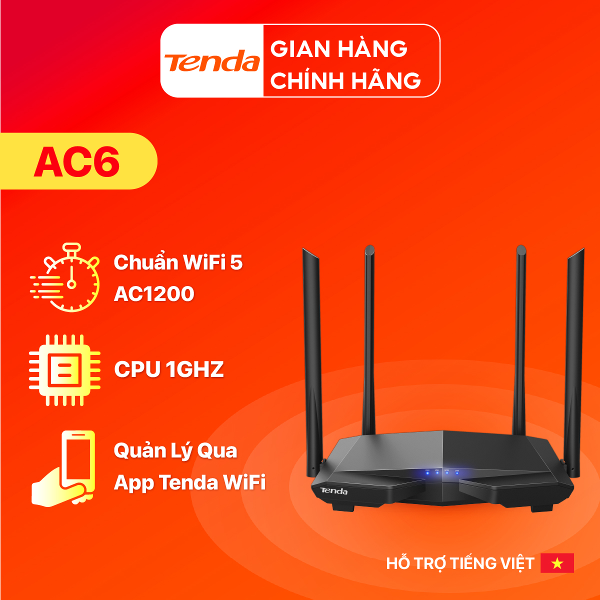 Bộ phát Wifi Tenda AC6 Băng Tần Kép Chuẩn AC 1200Mbps - Hãng phân phối chính thức