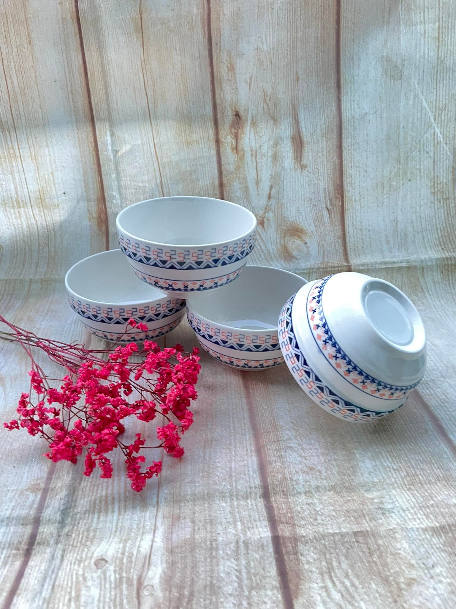 Bộ 10 chén sứ ăn cơm Pastel hoa văn thổ cẩm cao cấp - Bộ chén sứ ăn cơm gốm sứ dày đẹp hoa văn tinh tế