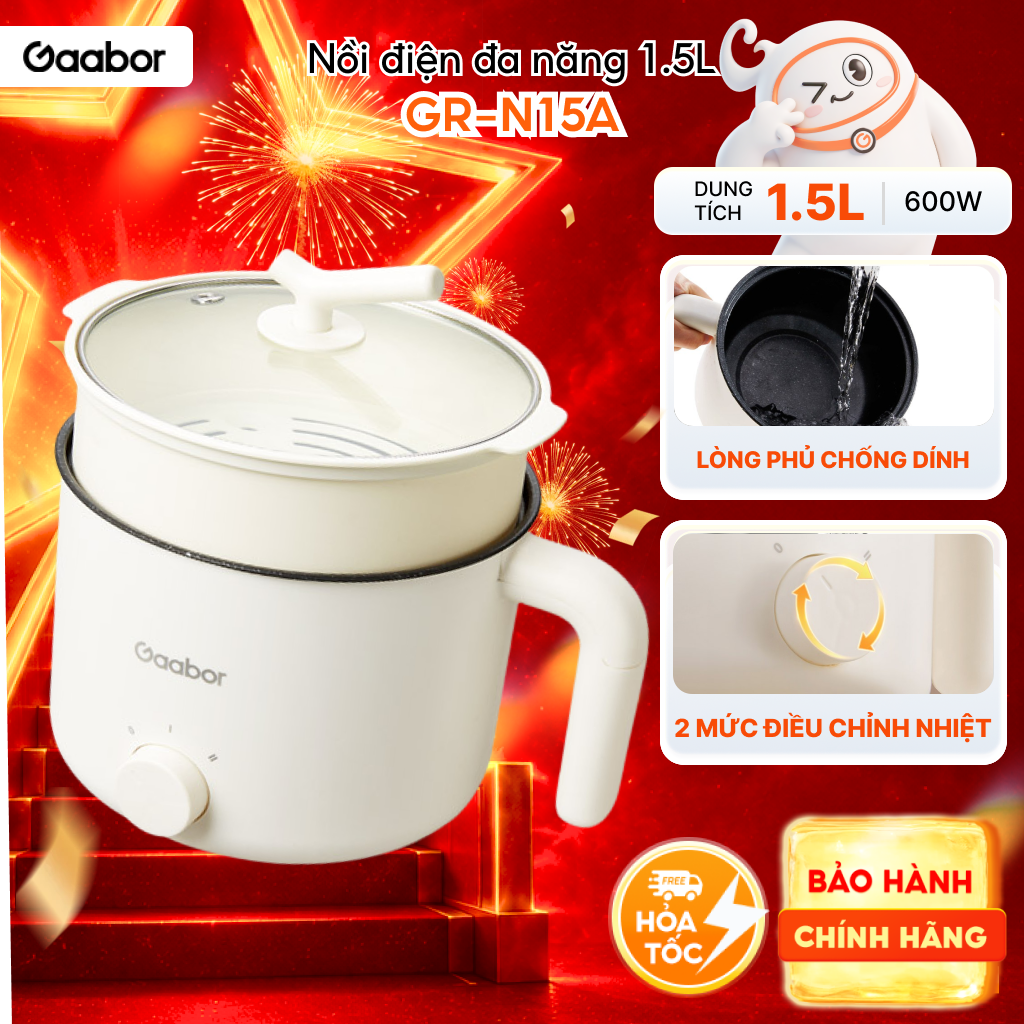 Gaabor Nồi điện đa năng dung tích 1,5 lít Gaabor GR-N15A công suất 600W 2 mức nhiệt tặng kèm xửng hấp - Bảo hành 12 tháng 1 đổi 1 [L]