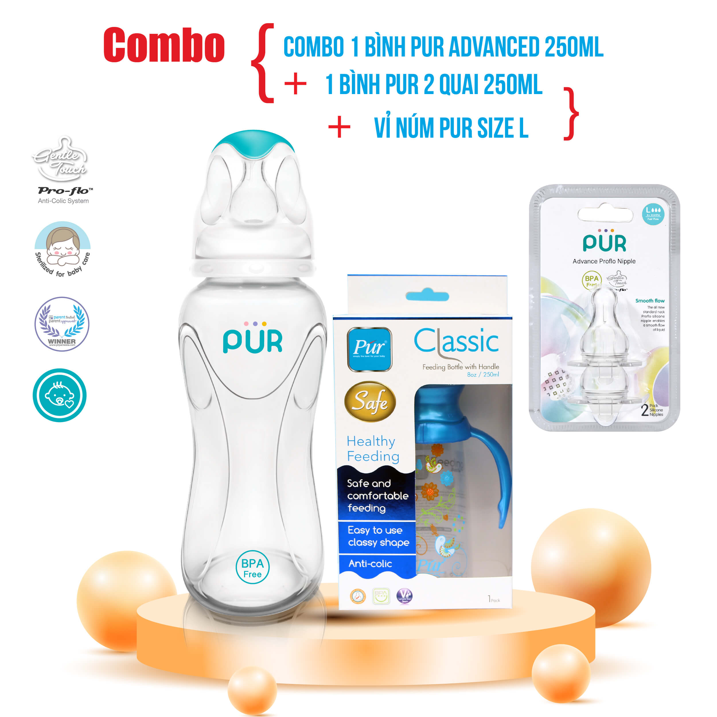 Combo 1 bình pur advanced 250ml + vỉ núm pur size l + 1 bình pur 2 quai 250ml