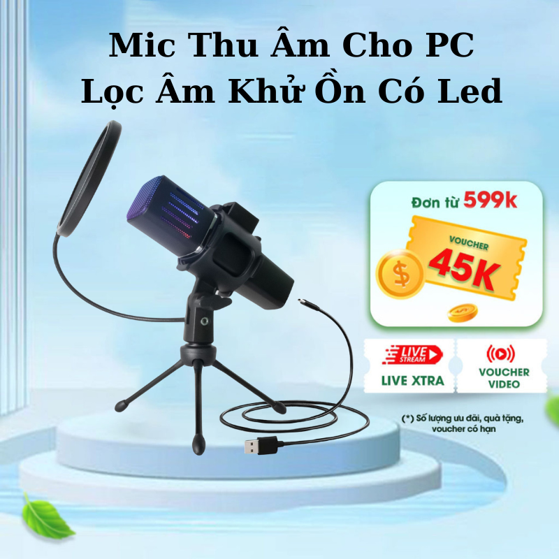 Mic thu âm livestream để bàn chuyên nghiệp cho pc có đèn led màng lọc tạp âm tiếng ồn có giá đỡ và chân kẹp tiện lợi micro thu âm đa hướng có dây cho pc laptop điện thoại nhỏ gọn dễ dàng