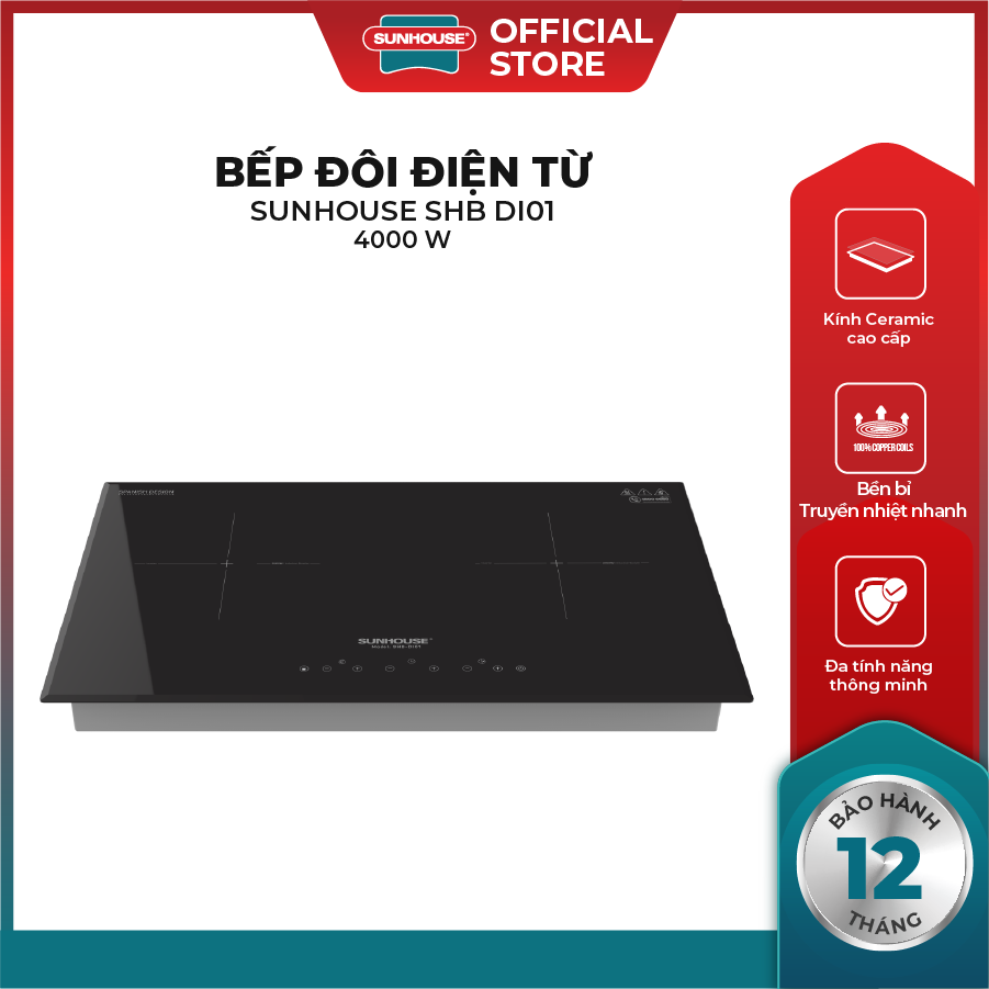 Bếp đôi điện từ sunhouse shb-di01 - công suất 4000w - làm nhanh gấp 2 lần - điều khiển cảm ứng - chế độ hẹn giờ linh hoạt - khóa an toàn trẻ em - bảo hành 36 tháng - hàng chính hãng