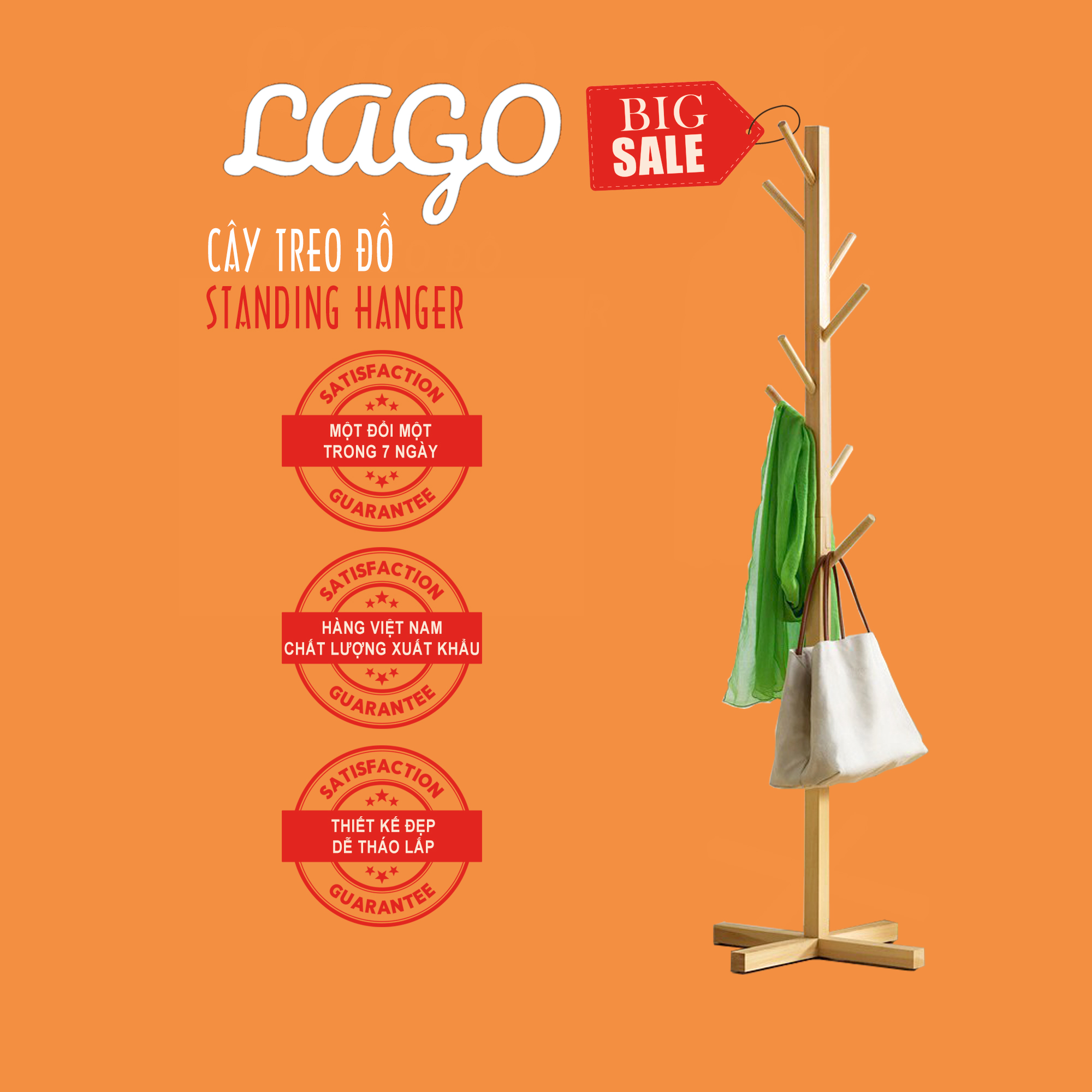 Cây treo quần áo gỗ tự nhiên Standing Hanger Kệ Sào Treo Đồ Đứng phong cách Bắc Âu