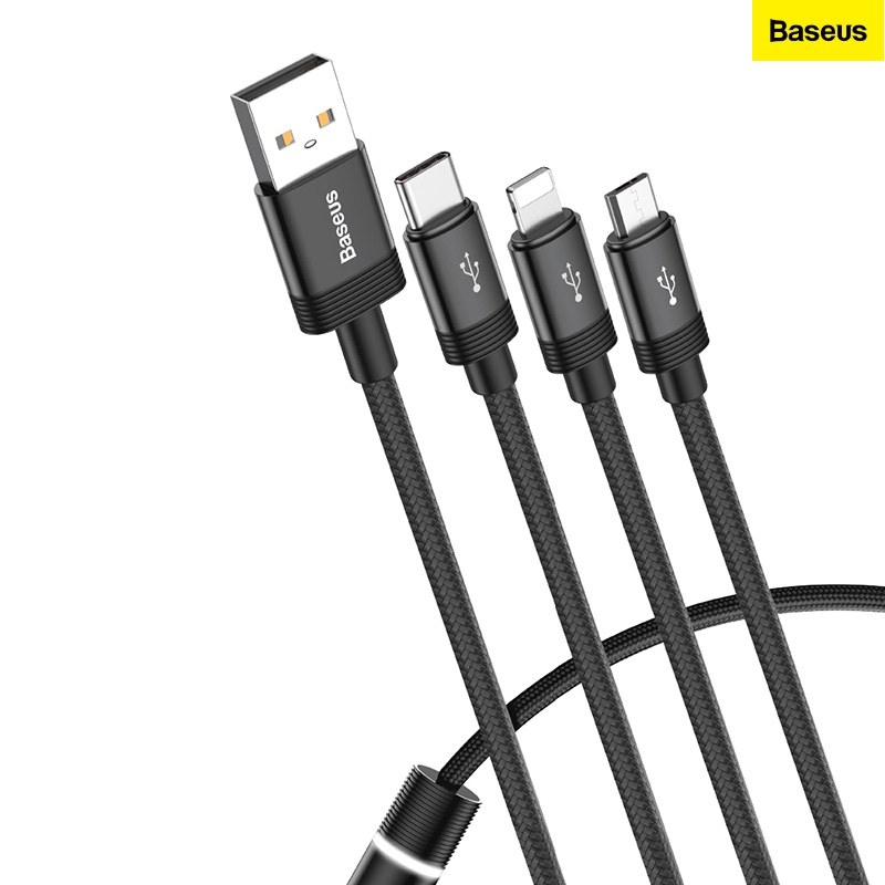[HCM]Cáp sạc 3 đầu đều hỗ trợ Data Baseus Data Fuction 3-in-1 Cable USB For M+L+T 3.5A 1.2M Black CAMLT-PY01 - Hàng chính hãng