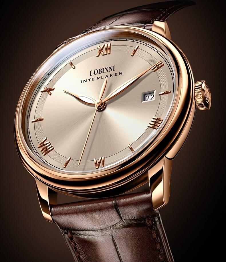 Đồng hồ nam chính hãng LOBINNI L14003-1 fullbox,Kính sapphire,chống xước,Chống nước,Vỏ làm bằng thép không gỉ 316L,mặt vàng hồng dây da xịn,Đồng hồ cơ ,Bảo Hành 24 tháng,hàng mới 100%,thiết kế đơn giản và sang trọng