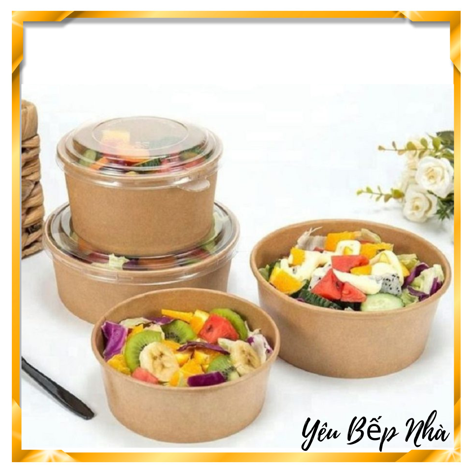 Hộp giấy tròn Kraft 750ml/ 1000ml kèm nắp, Combo 10 hộp giấy tròn lắp nhựa trong đựng đồ ăn, các loại bánh, tiện lợi, an toàn