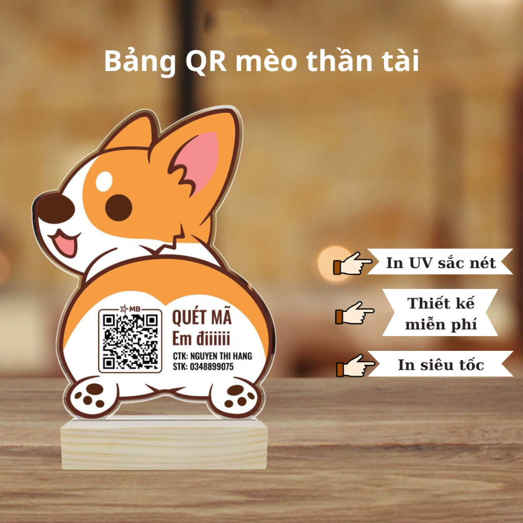 Bảng tài khoản ngân hàng, mã qr, thanh toán, chuyển khoản, tên shop để bàn hình ông thần tài,chất liệu mica