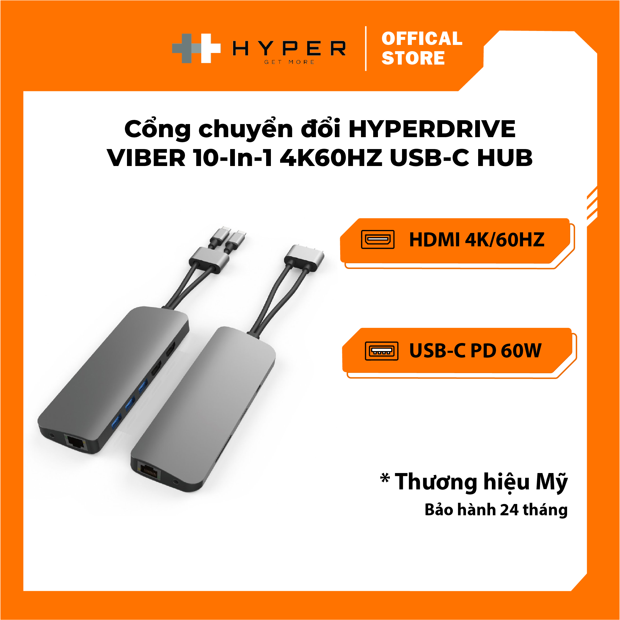 CỔNG CHUYỂN HYPERDRIVE VIBER 10-IN-2 4K60HZ USB-C HUB FOR MACBOOK/IPADPRO/LAPTOP/SMARTPHONE HD392