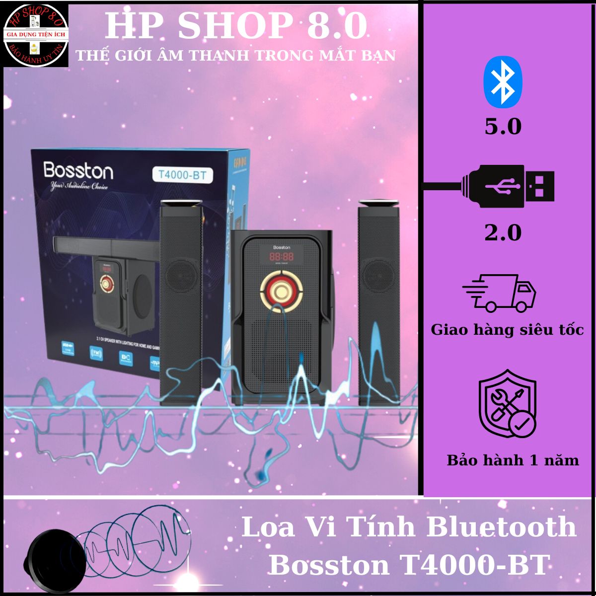 Loa vi tính bluetooth bosston t4000-bt, loa vi tính 2.1 kiêm bluetooth usb thẻ nhớ bosston t4000-bt 60w led rgb 7 màu, nguồn 220v, bảo hành 12 tháng.