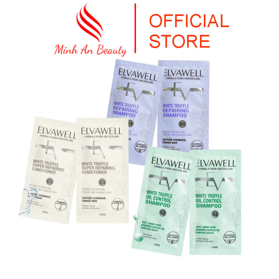 Dầu gội Elvawell mini gội xả 10ml tinh chất truffle trắng giúp phục hồi nuôi dưỡng tóc