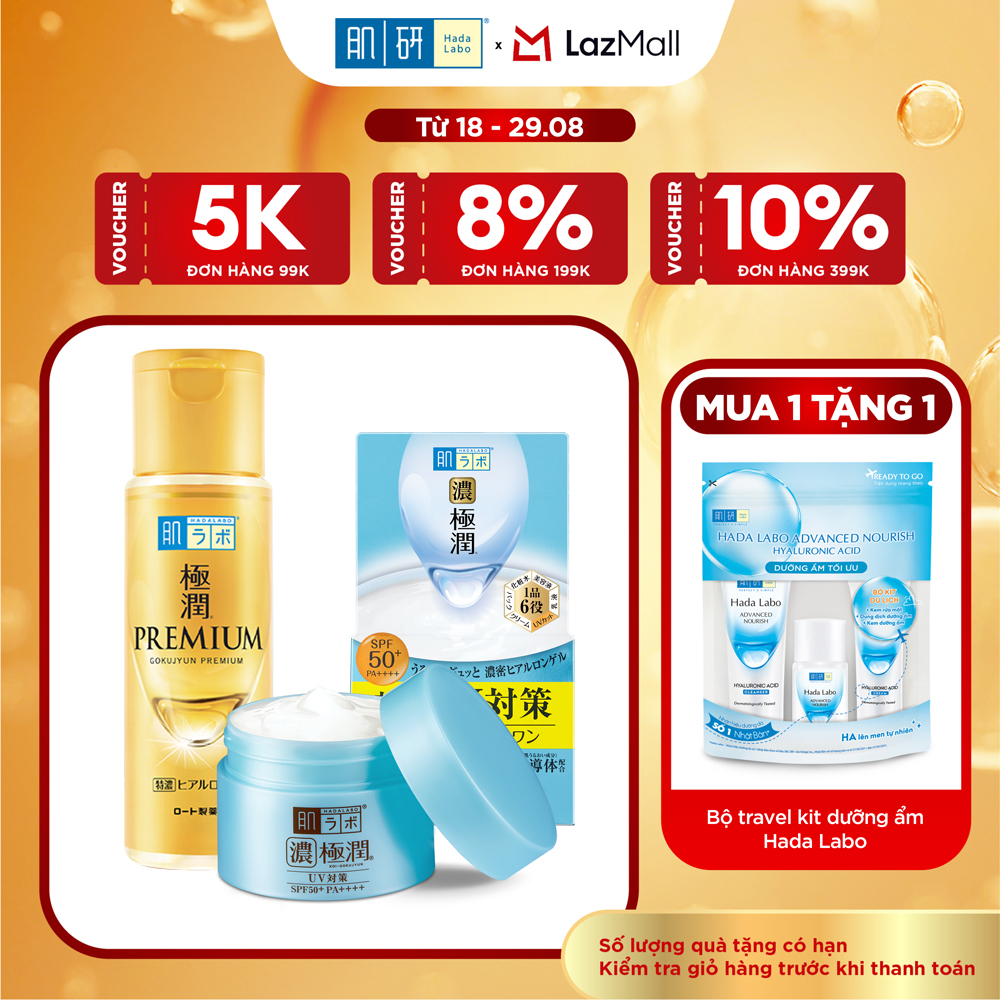 [VB] Bộ đôi dưỡng da ẩm mịn Hada Labo Koi-Gokujyun Nhập khẩu( Kem dưỡng ẩm chống nắng UV White Gel 90g + Dung dịch dưỡng ẩm tối ưu Premium Lotion 170ml)