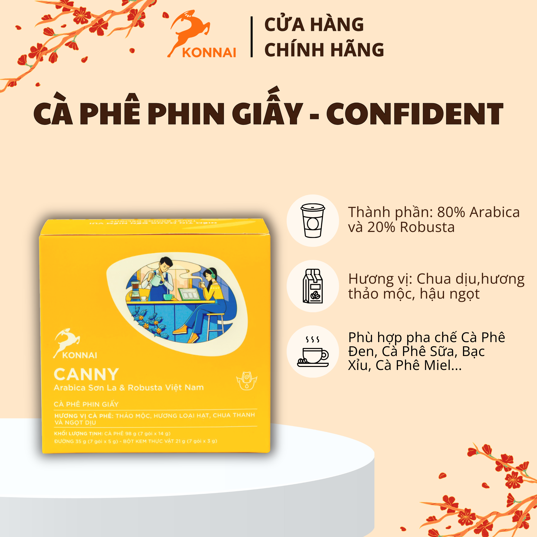 "  Cà phê phin giấy nguyên chất CANNY Konnai Coffee 7 gói Arabica  và Robusta theo tỷ lệ 8:2 - cân bằng giữa ngọt và chua"