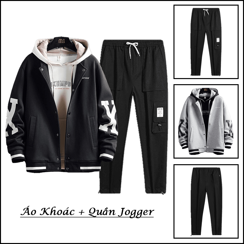 Bộ Đồ Nỉ Nam Áo Khoác Bomber Áo Khoác Nhẹ Chữ K Kết Hợp Quần Jogger Túi Hộp Rút Gấu Năng Động Hot Trend Thời Trang 4HER SET NAM 90000177