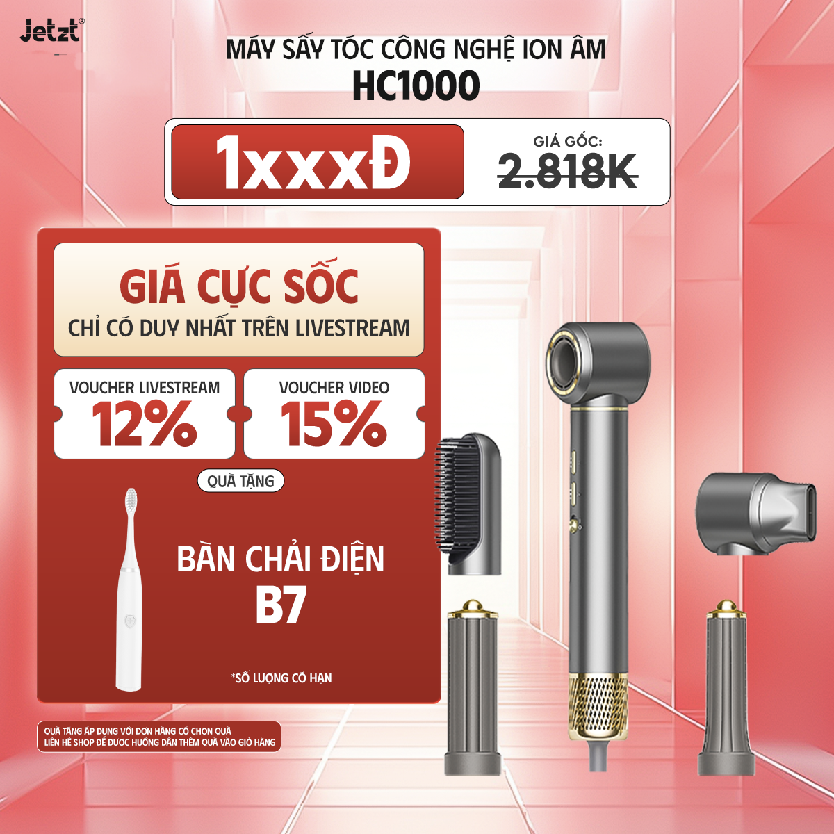 Máy sấy tóc ion âm Jetzt HC1000 - Công nghệ chống bức xạ hiện đại, an toàn tuyệt đối cho trẻ em và phụ nữ có thai