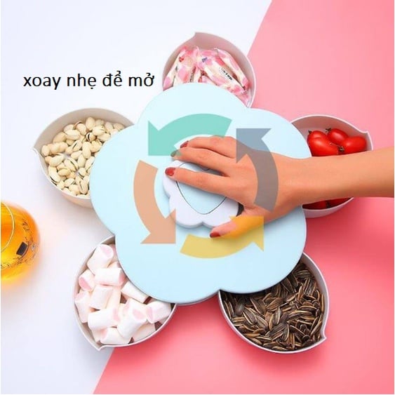 Khay mứt đựng bánh kẹo Tết, Hộp mứt xoay 1 Tầng xòe cánh hoa có khe để điện thoại