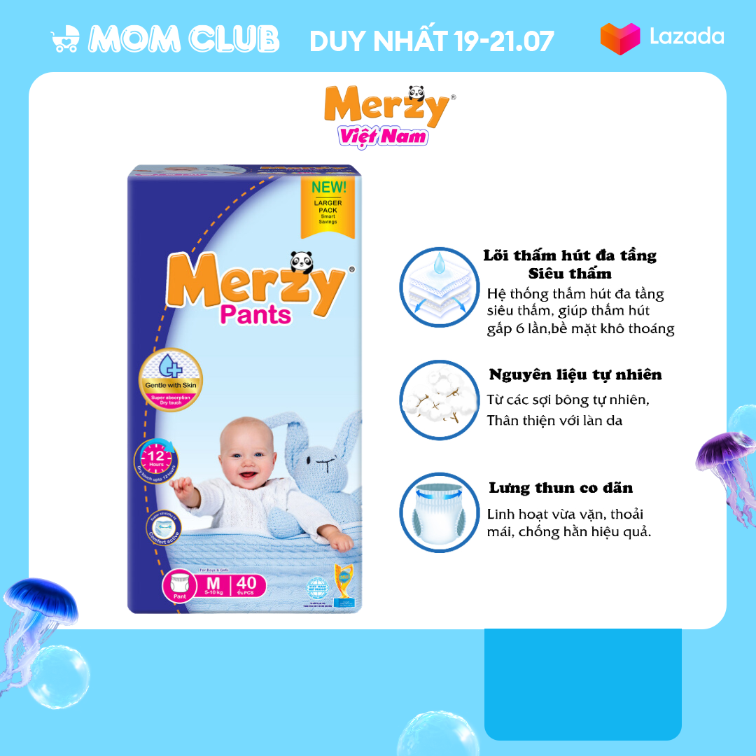 Tã quần trẻ em merzy size m40, l36, xl32, xxl28 siêu thấm hút, mềm mại