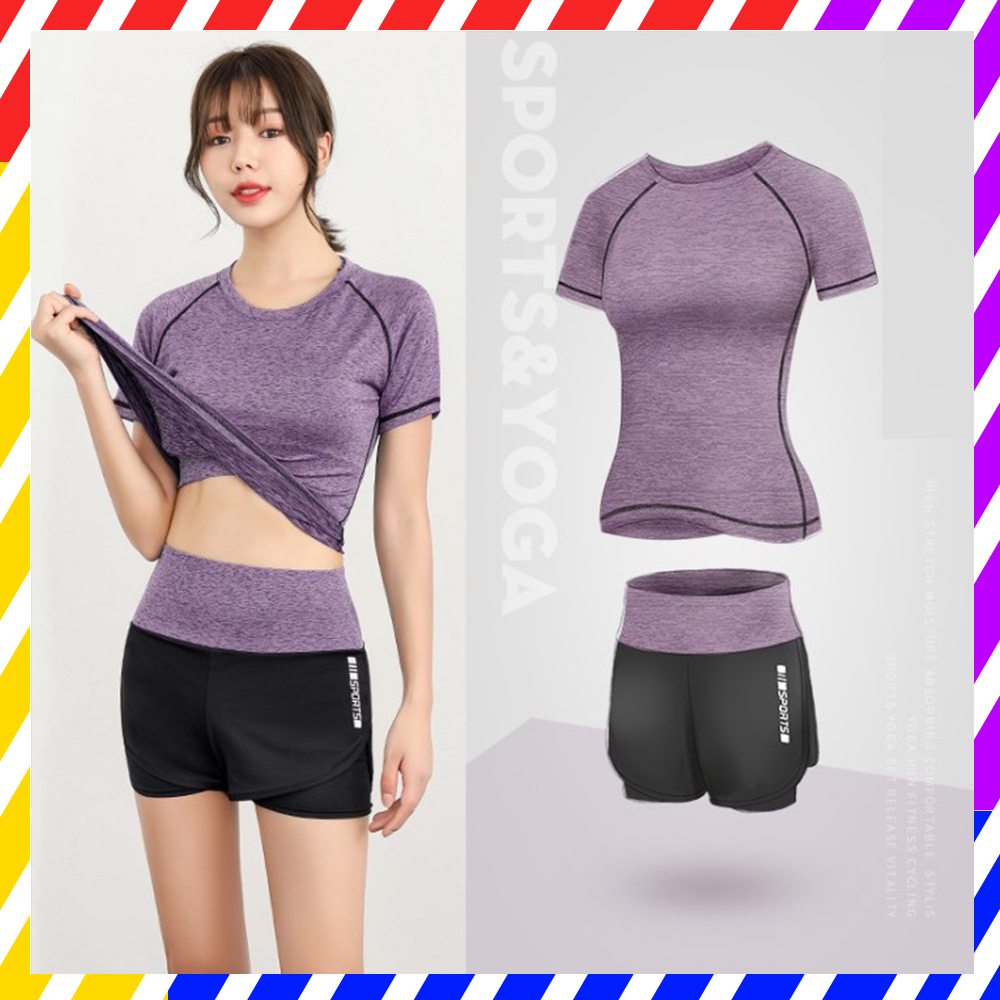 Set tập GYM Yoga nữ 2 món Sport Luxury, bộ quần áo thể thao áo thun quần đùi 2 lớp nhiều màu 2023