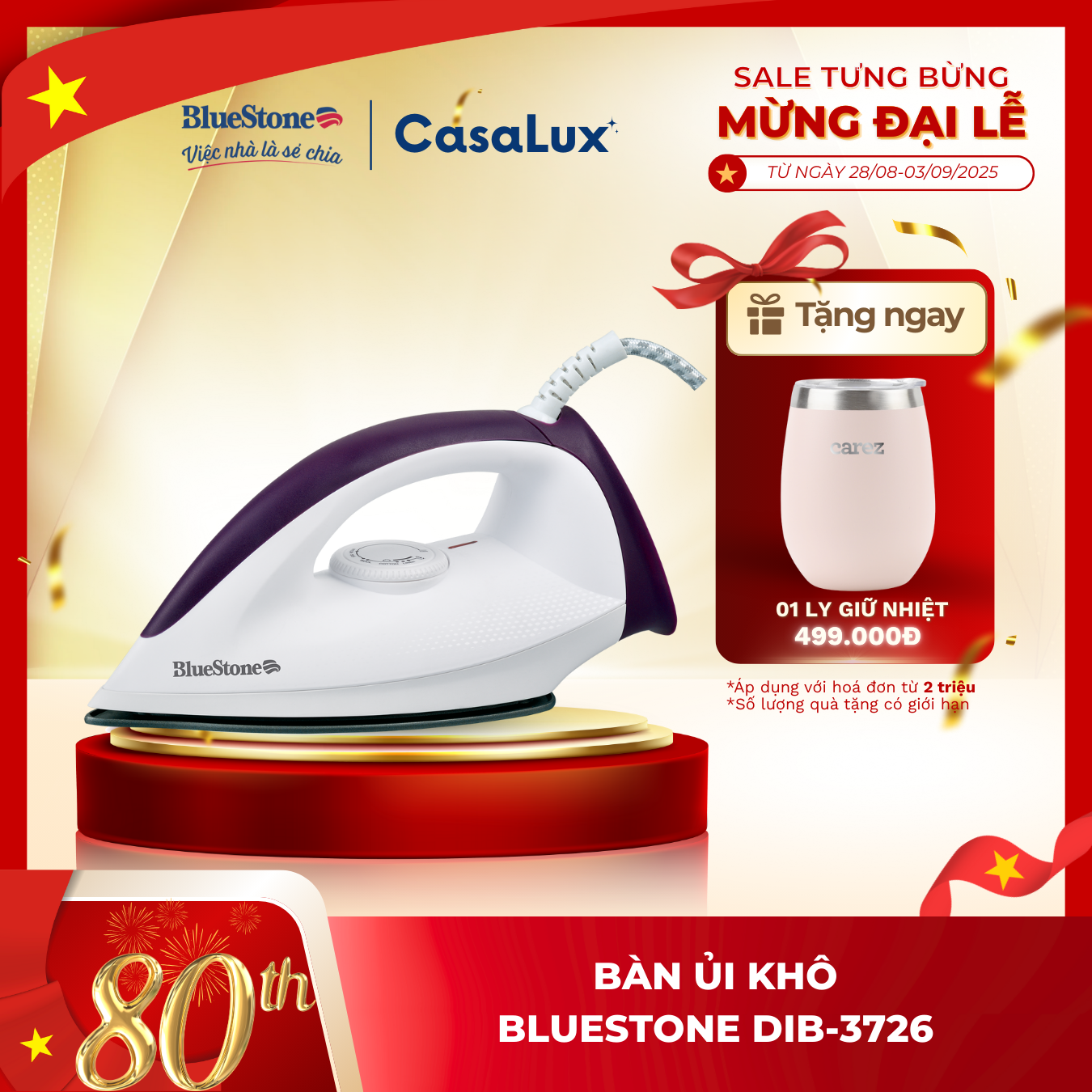 ( HÀNG CHÍNH HÃNG - 1 ĐỔI 1 TRONG 30 NGÀY ) BÀN ỦI KHÔ BLUESTONE DIB-3726 - 1300W - Mặt đế chống dính - Bảo hành chính hãng 2 năm - CasaLux Store