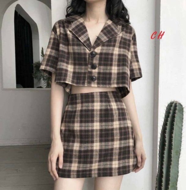Set Váy Kẻ Caro Set Đồ Nữ Cổ Vest Đơn Giản Dễ Mặc