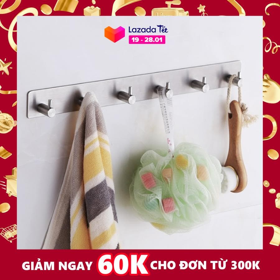 Móc Treo Quần Áo Thanh INOX SUS304 6 chấu dán tường sử dụng keo 3M siêu dính, chịu lực tốt - IU6TR