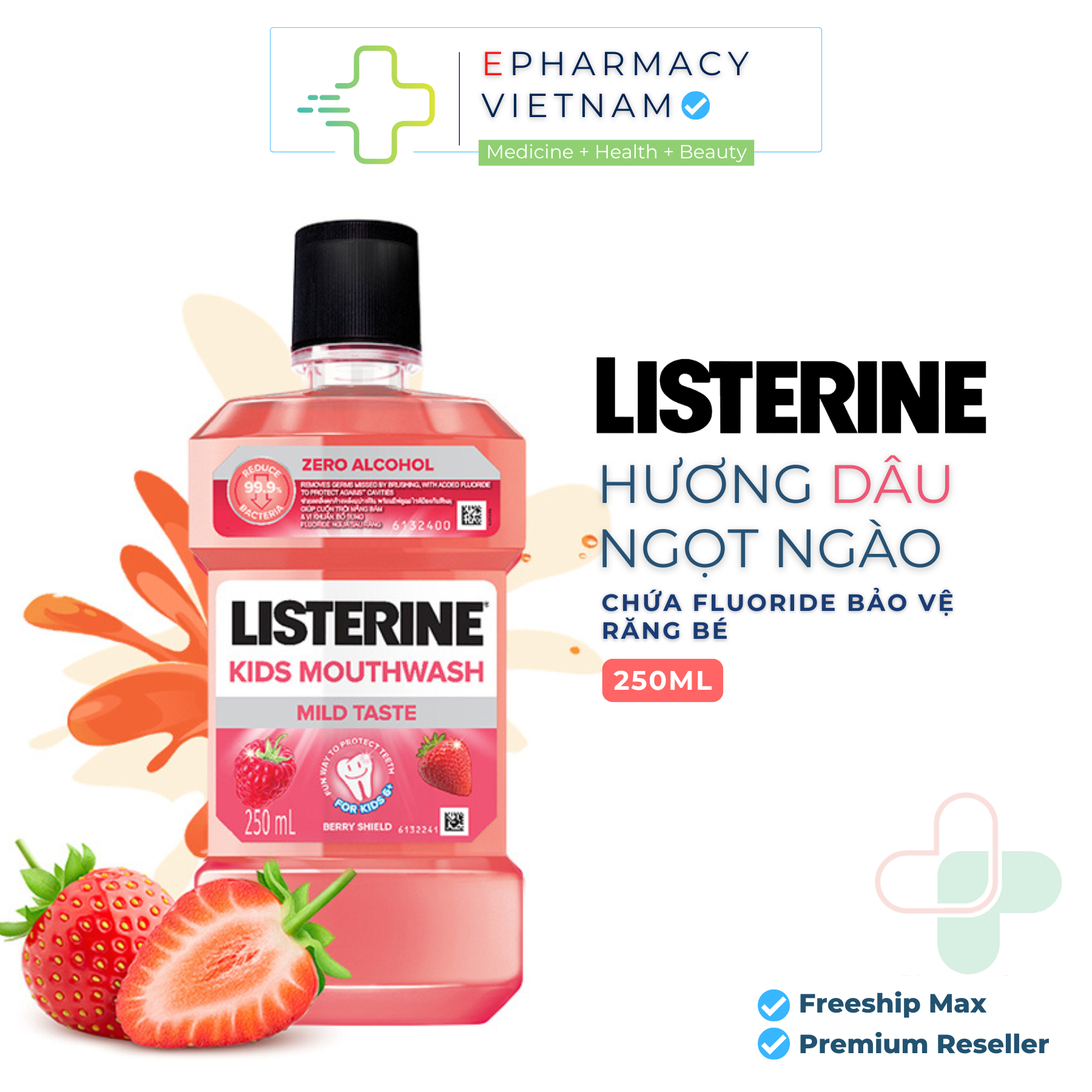 Nước Súc Miệng Cho Bé Listerine Kids Mouthwash Hương Dâu Cho Bé Trên 6 Tuổi 250ml