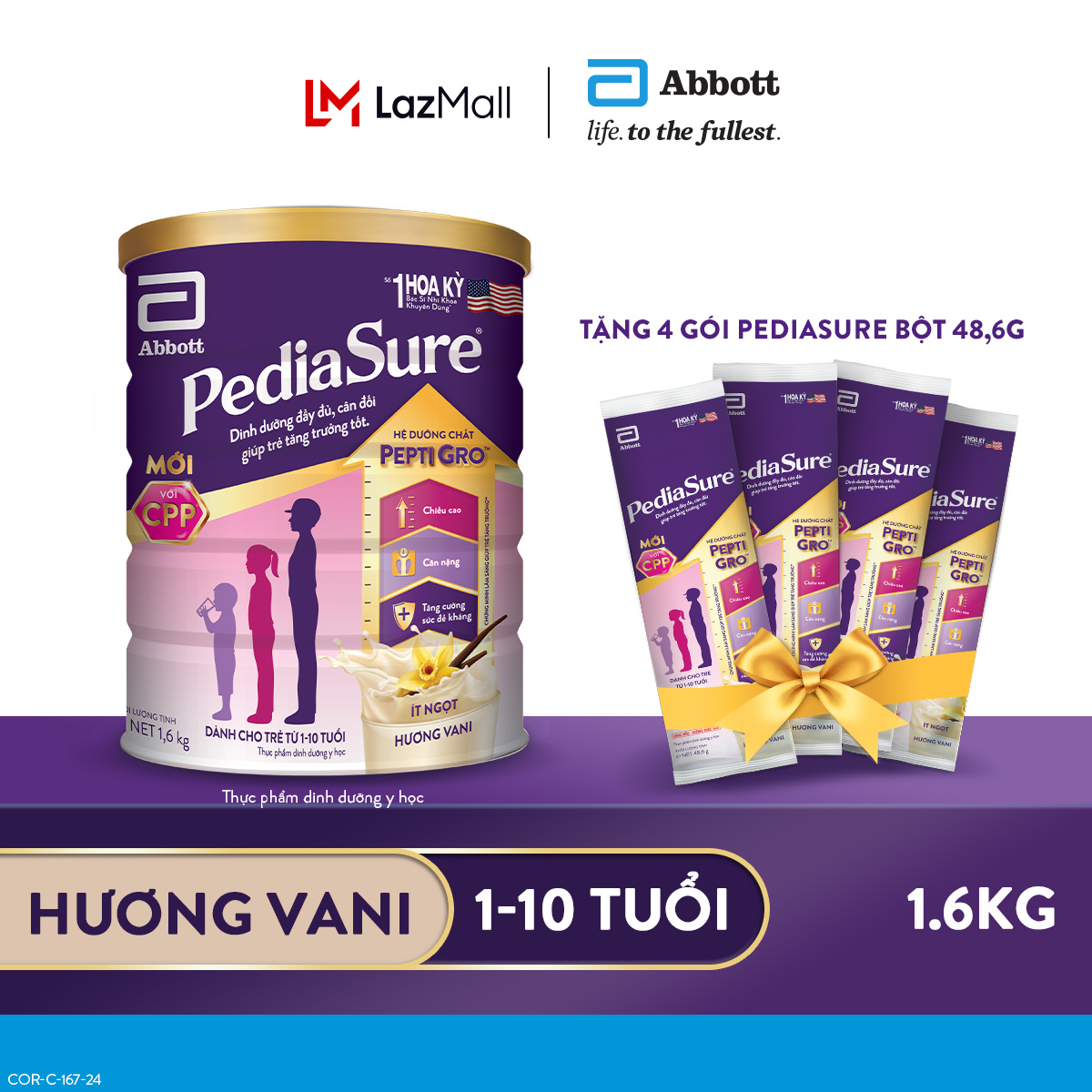 Lon sữa bột Pediasure B/A hương vani 1.6kg Tặng 4 Gói Sachet Pediasure
