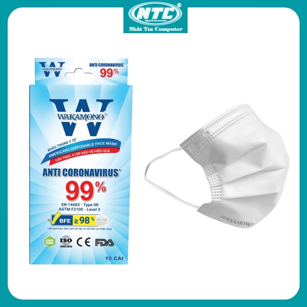 Hộp 10 cái Khẩu trang WAKAMONO diệt 99% Vius Corona đầu tiên trên thế giới đạt tiêu chuẩn Mỹ (FDA) & Châu Âu (CE) - Nhất Tín Computer