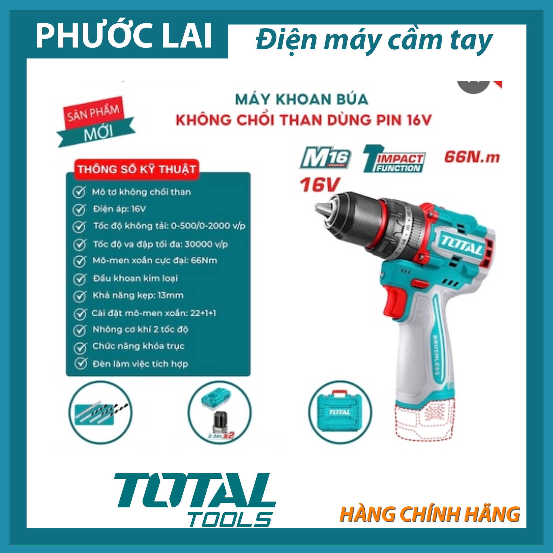 Máy khoan búa không chối than dùng pin 16V Total TIDLI166062