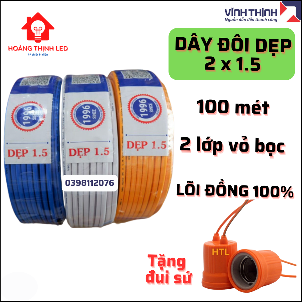 TẶNG ĐUI ĐÈN 49K- dây điện đôi 1.5 Vĩnh Thịnh (dây điện đôi cuộn 100m) 2 Lớp Vỏ Bọc Cách Điện An Toàn, dây đồng 100%, dây điện đôi chịu tải cao