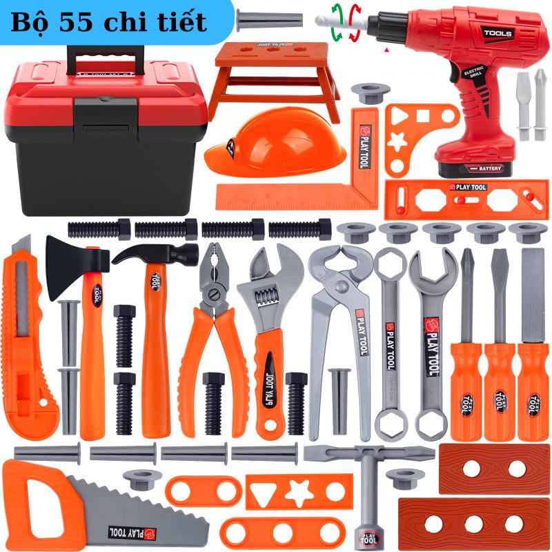 (SẴN HCM) Bộ đồ chơi dụng cụ sửa chữa mô phỏng cho bé, đồ chơi kỹ sư cỡ lớn 55 chi tiết, cơ khí, đồ chơi trí tuệ, đồ chơi trẻ em tại nhà. Bộ đồ chơi kỹ sư lắp ráp - đồ chơi vặn ốc vít - Cho bé từ 3 tuổi, đồ chơi mô phỏng nhập vai cho bé trai.