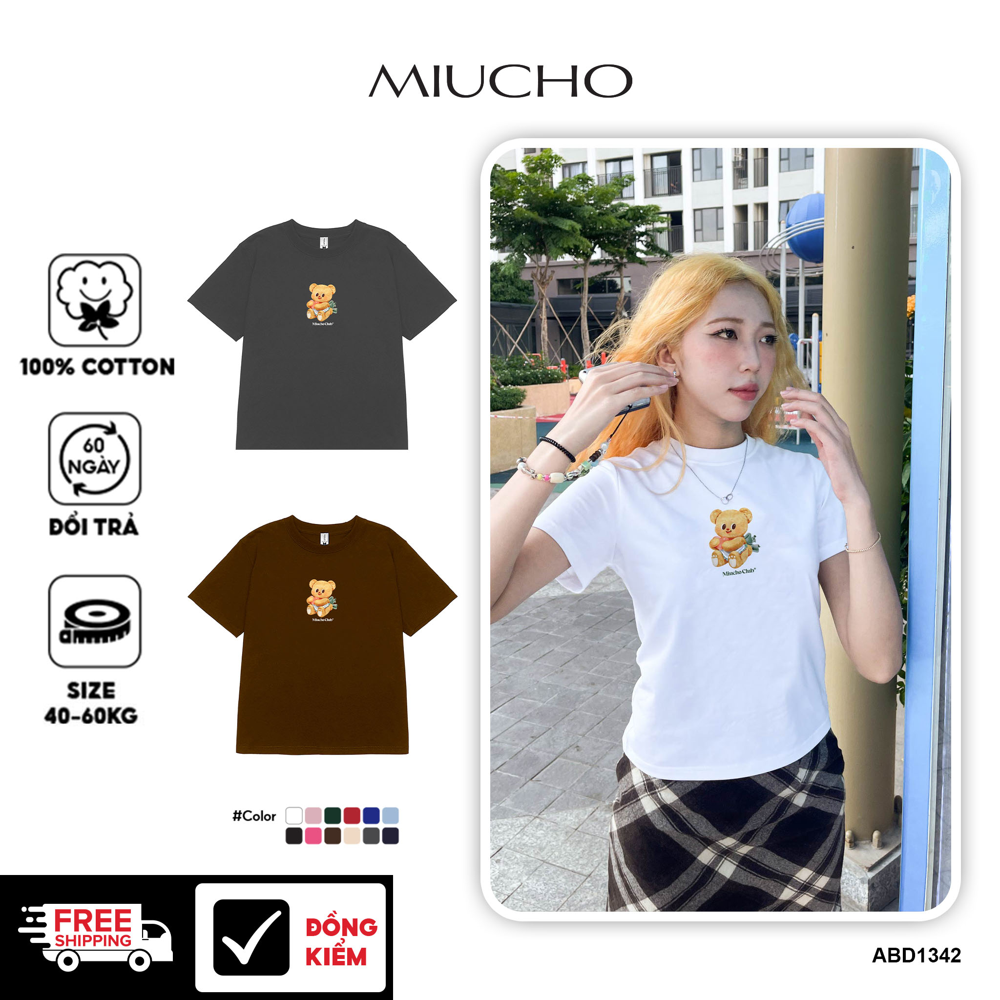 Áo baby tee Butter Bear đáng yêu form ôm ABD1342 Miucho tay ngắn vải cotton in mix