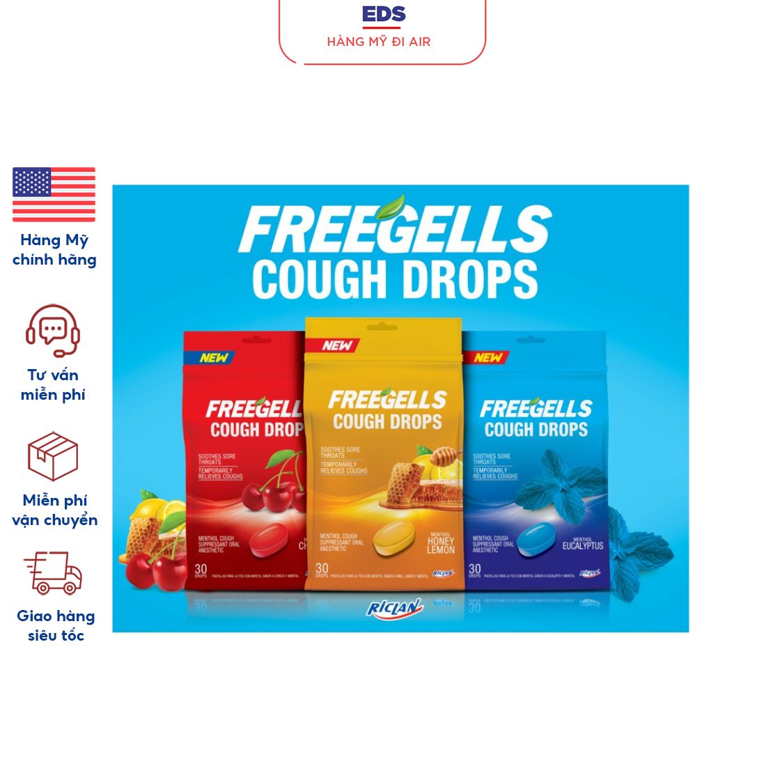 Set 2 bịch kẹo ho date 2025 Freegells Cough Drops - EDS Hàng Mỹ