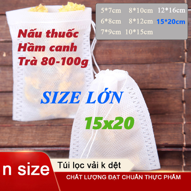 100 Túi lọc trà dây rút chất liệu vải không dệt chuẩn thực phẩm, túi lọc gia vị kèm dây rút nhiều kích thước, túi lọc cafe, lọc bột, lọc thảo dược