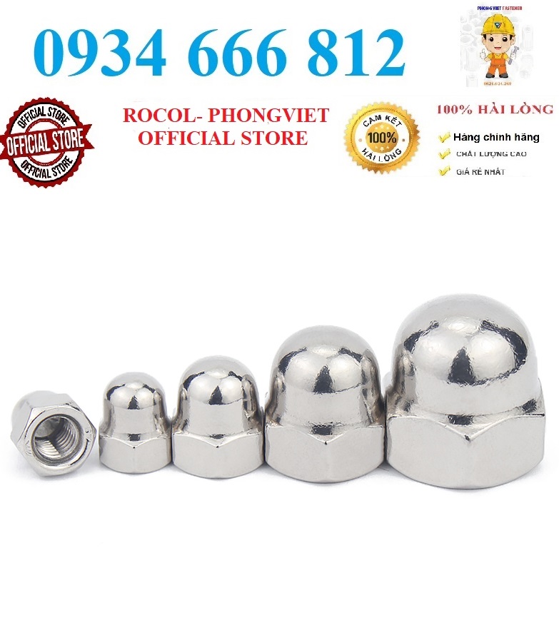 Set 10 cái m4-m10 đai ốc mũ, ecu mũ, ecu chỏm cầu inox201 m4, m5, m6, m8, m10