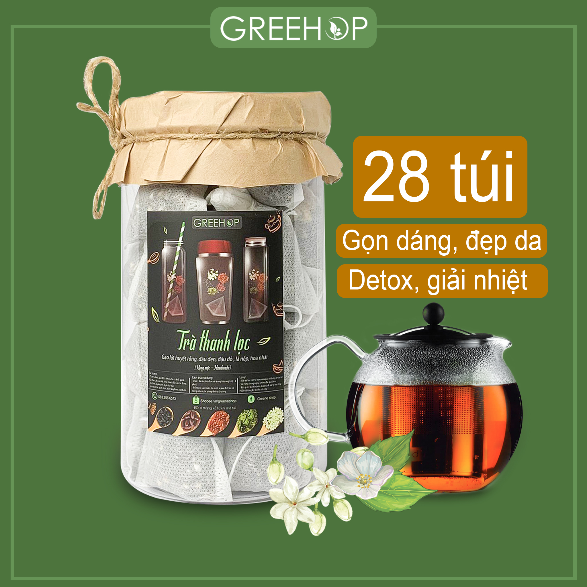 Trà thanh lọc [đậu đen - đậu đỏ - gạo lứt] rang sẵn thủ công GreeHop kết hợp lá nếp hoa nhài giúp thanh nhiệt, giải độc