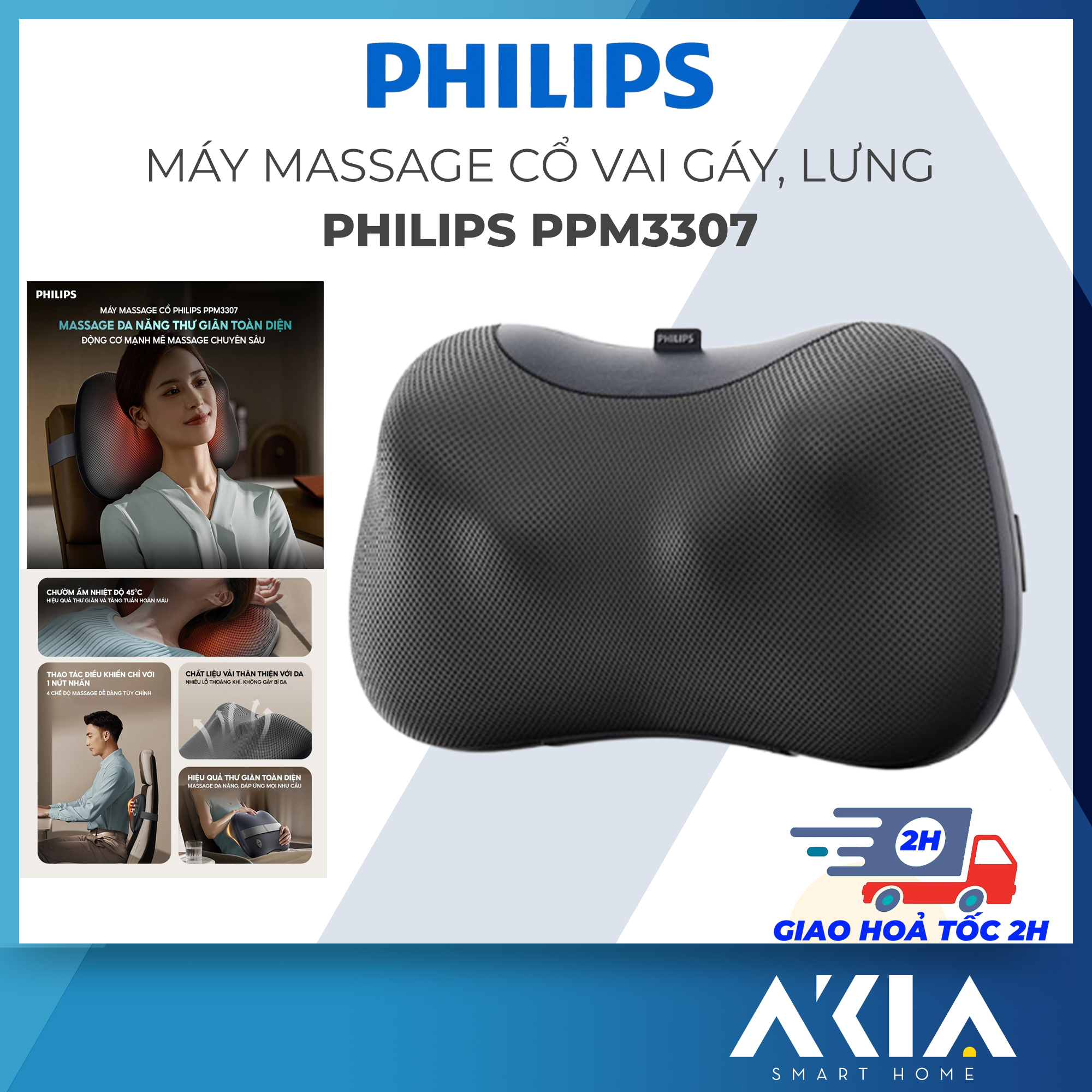 Máy massage cổ vai gáy lưng PHILIPS PPM3307 - 4 chế độ massage - Chườm ấm nhiệt độ, dây đeo cố định
