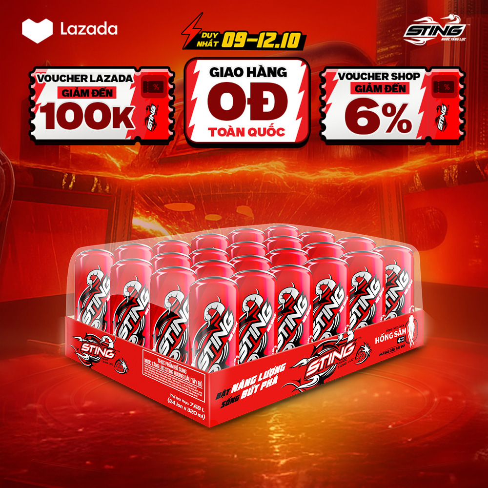 [SALE 10.10-VC ĐẾN 12%] Thùng 24 Lon Nước Tăng Lực Sting Dâu (320ml/lon)
